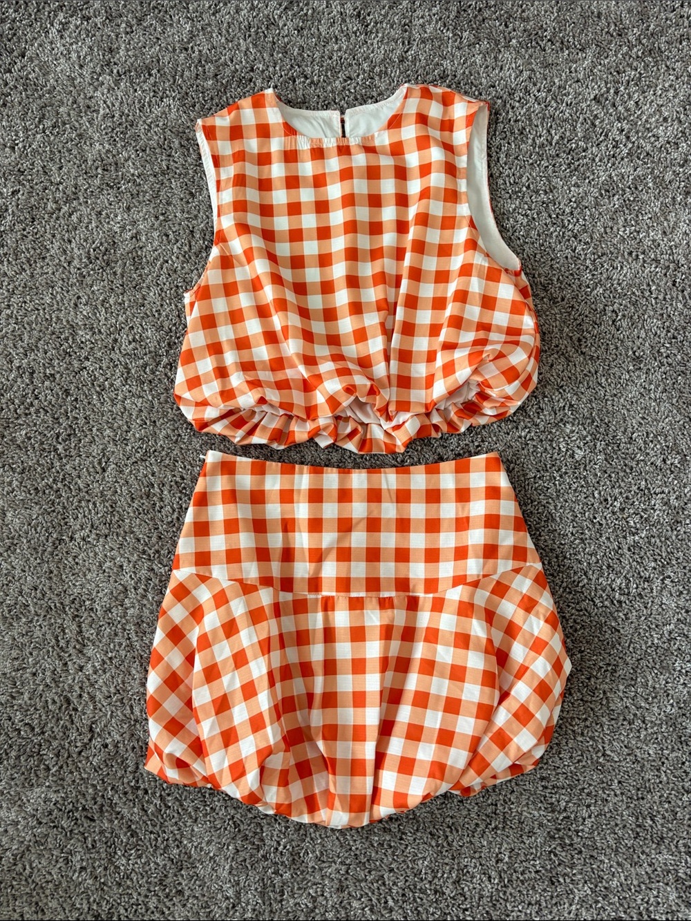 Orange Gingham Bubble Crop Top & High-Waist Bubble Skirt Set